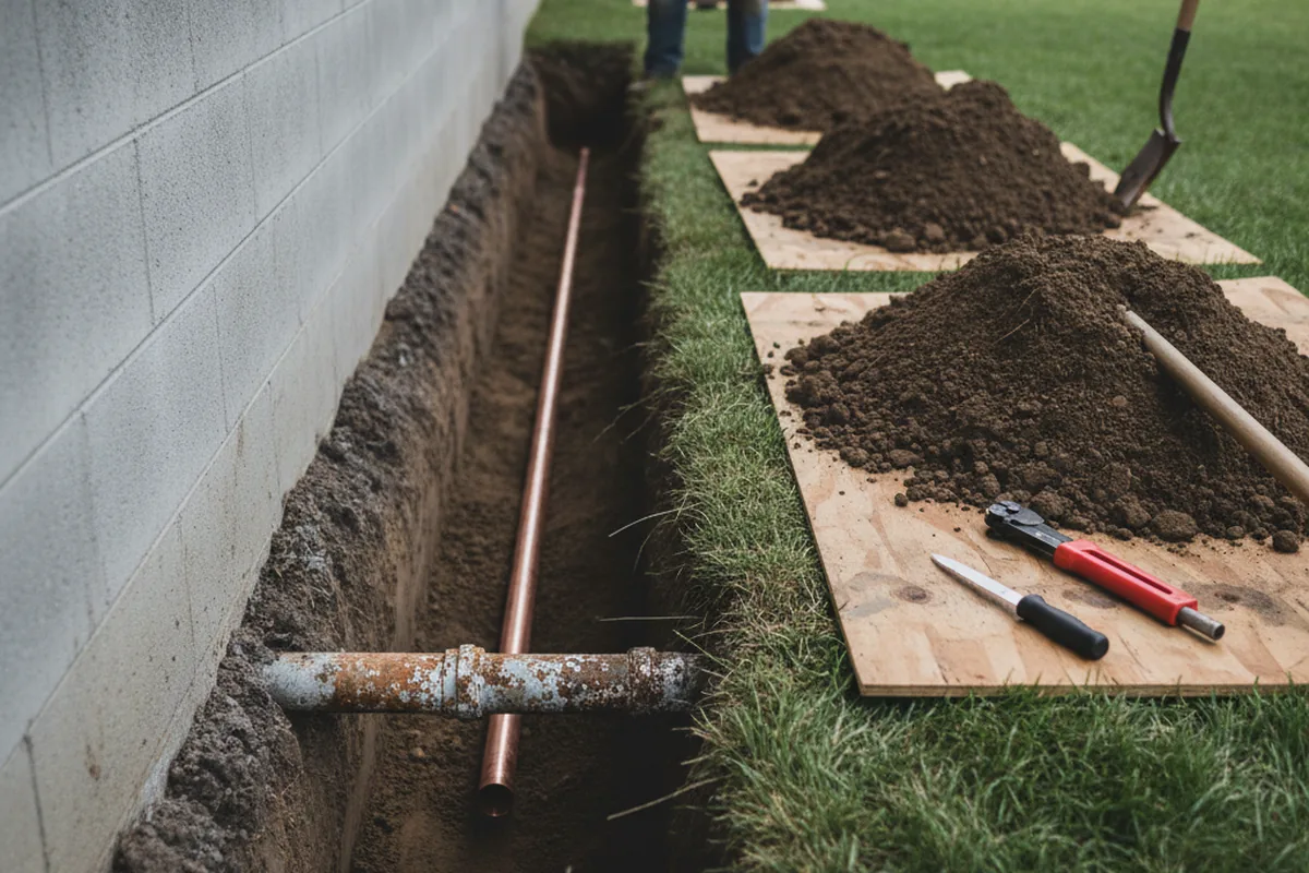 Excavated water line trench during Water Softener Installation in Talking Rock
